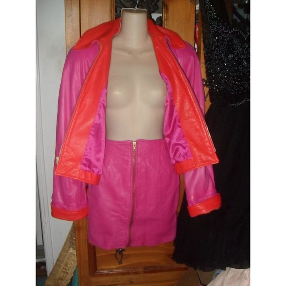 80s Unworn Vakko Glove LEATHER Zipper SKIRT SUIT BARBIECORE